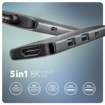 Axagon HMC-5H8K USB 5 Gbit/s jaotur 2x USB-A USB-C HDMI 8k/30 Hz PD 100 W kaabel USB-C juhtmega USB 3.2 Gen 1 (3.1 Gen 1) USB-C hall