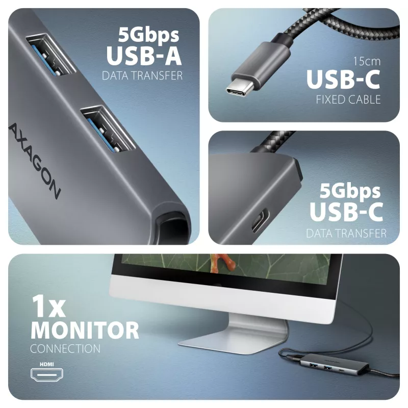 Axagon HMC-5H8K USB 5 Gbit/s jaotur 2x USB-A USB-C HDMI 8k/30 Hz PD 100 W kaabel USB-C juhtmega USB 3.2 Gen 1 (3.1 Gen 1) USB-C hall