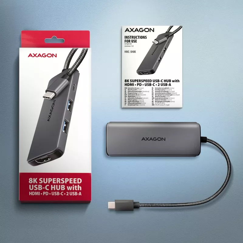 Axagon HMC-5H8K USB 5 Gbit/s jaotur 2x USB-A USB-C HDMI 8k/30 Hz PD 100 W kaabel USB-C juhtmega USB 3.2 Gen 1 (3.1 Gen 1) USB-C hall