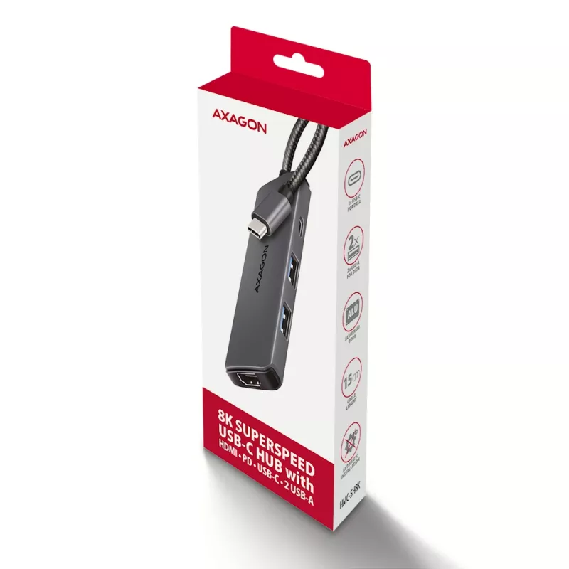 Axagon HMC-5H8K USB 5 Gbit/s jaotur 2x USB-A USB-C HDMI 8k/30 Hz PD 100 W kaabel USB-C juhtmega USB 3.2 Gen 1 (3.1 Gen 1) USB-C hall
