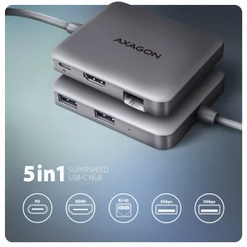 Axagon HMC-5HL USB 5Gbps hub, 2x USB-A, HDMI 4k/60Hz, RJ-45, PD 100W, 20cm USB-C kaabel
