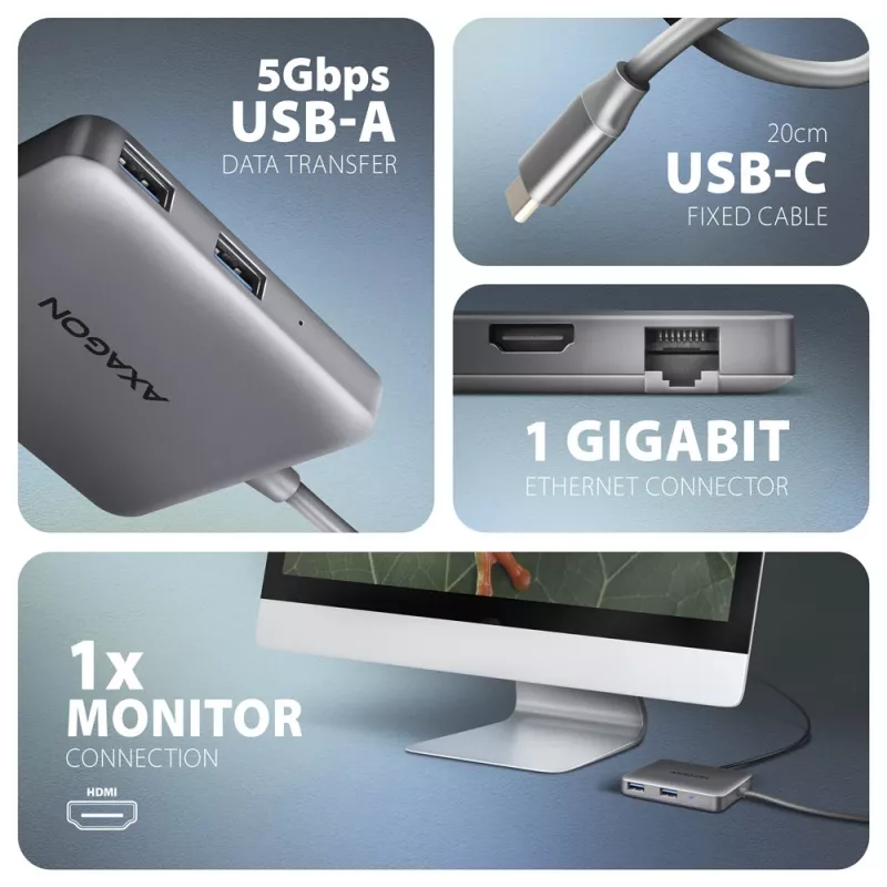 Axagon HMC-5HL USB 5Gbps hub, 2x USB-A, HDMI 4k/60Hz, RJ-45, PD 100W, 20cm USB-C kaabel