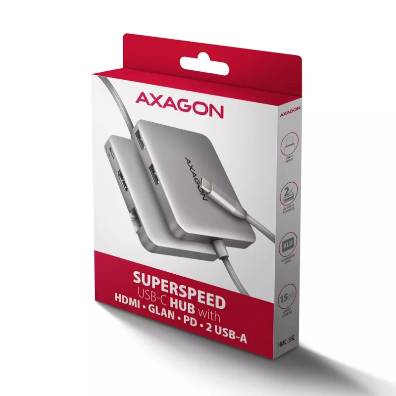Axagon HMC-5HL USB 5Gbps hub, 2x USB-A, HDMI 4k/60Hz, RJ-45, PD 100W, 20cm USB-C kaabel