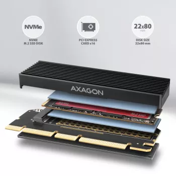 Axagon PCEM2-XS PCIe x16 - M.2 NVMe M-key pesa adapter, passiivse alumiiniumradiaatoriga