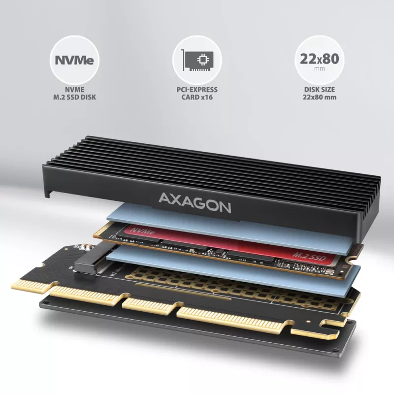 Axagon PCEM2-XS PCIe x16 - M.2 NVMe M-key pesa adapter, passiivse alumiiniumradiaatoriga