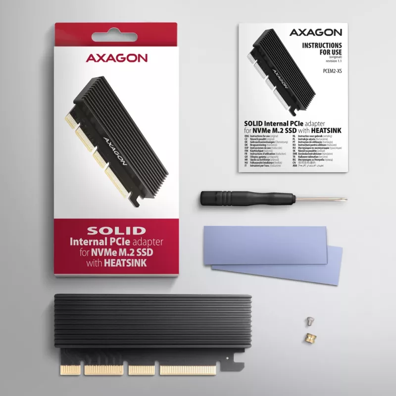 Axagon PCEM2-XS PCIe x16 - M.2 NVMe M-key pesa adapter, passiivse alumiiniumradiaatoriga