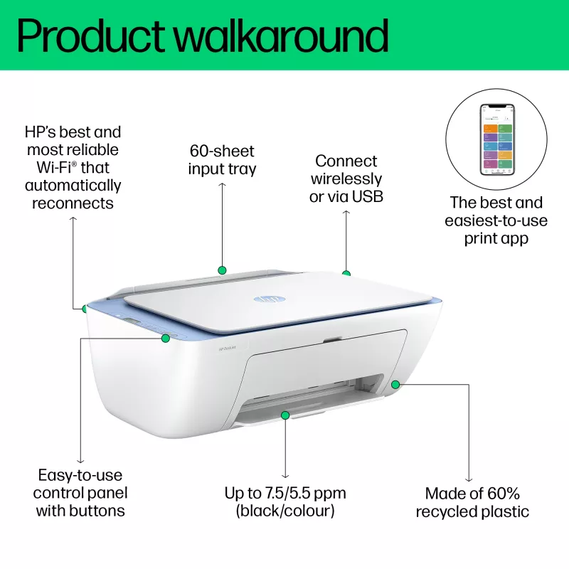 HP DeskJet 2822e traadita mitmeotstarbeline värviprinter, Instant Ink; koopiamasin, skanner