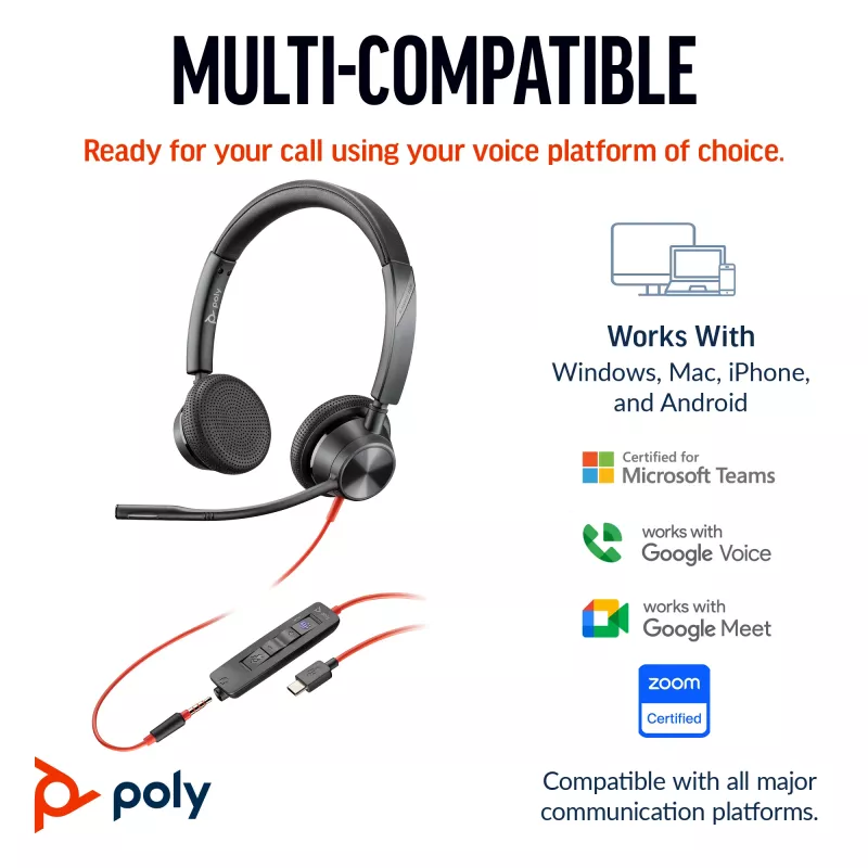 HP Poly Mustwire 3325 Stereo Microsoft Teams Certified USB-C Headset +3.5mm Plug +USB-C/A Adapter