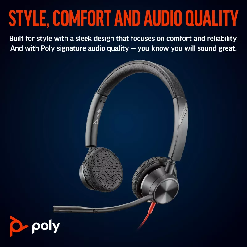 HP Poly Mustwire 3325 Stereo Microsoft Teams Certified USB-C Headset +3.5mm Plug +USB-C/A Adapter
