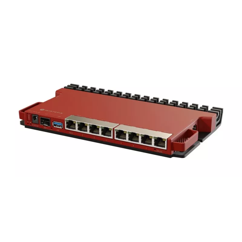 Juhtmega ruuter MikroTik L009UiGS-RM — 8x RJ-45, 2.5 Gigabit Ethernet, 1x SFP, 1x USB, 800 MHz CPU, 512 MB RAM, punane