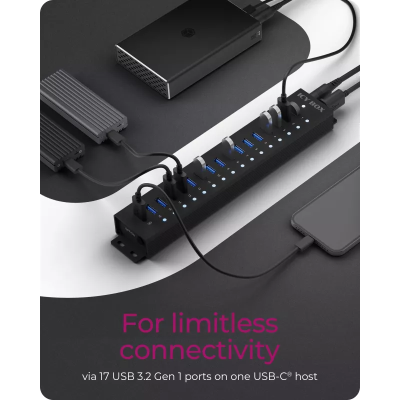 ICY BOX 17-Port Hub with USB 3.2 Gen 1 Type-A interface, USB 3.2 Gen 1 (3.1 Gen 1) Type-A, USB 3.2 Gen 1 (3.1 Gen 1) Type-A, USB Type-B, 5000 Mbit/s, Must, China, DC