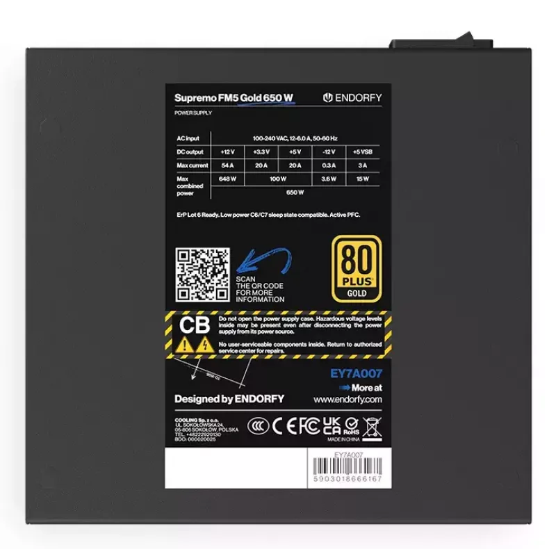 Toiteplokk ENDORFY Supremo FM5 650 W ATX 80 PLUS Gold, 650 W, 120 mm ventilaator, modulaarsed kaablid