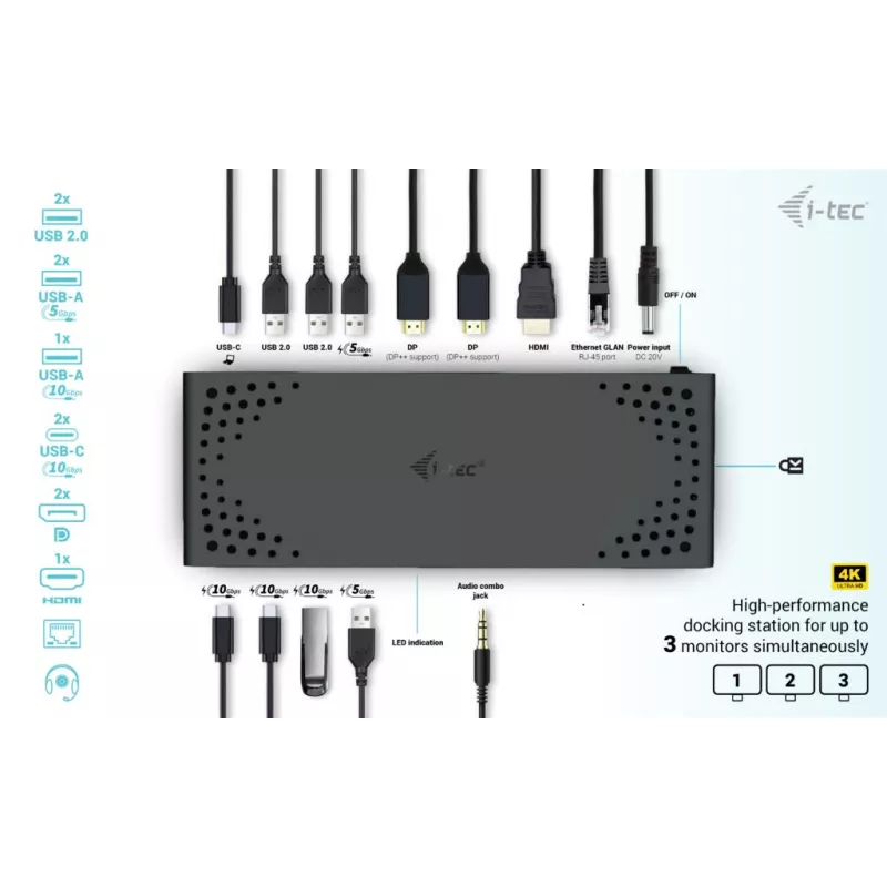 i-tec USB-C Triple Display dokkimisjaam Gen 2 toiteedastus 100 W juhtmega 3.2