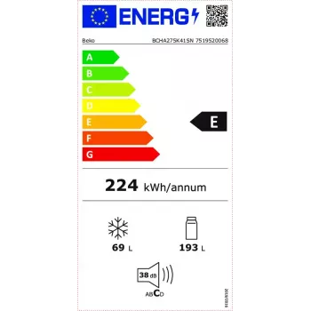 Sisseehitatav külmik-sügavkülmik BEKO BCHA275K41SN — 262 L kogumaht (193 L külmik, 69 L sügavkülmik), No Frost, parempoolne hing, valge