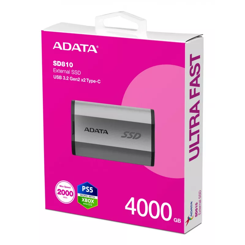 Kaasaskantav SSD ADATA SD810 4 TB, USB USB-C, USB 3.2 Gen 2x2, 2000 MB/s lugemine/kirjutamine, IP68 alumiiniumkorp