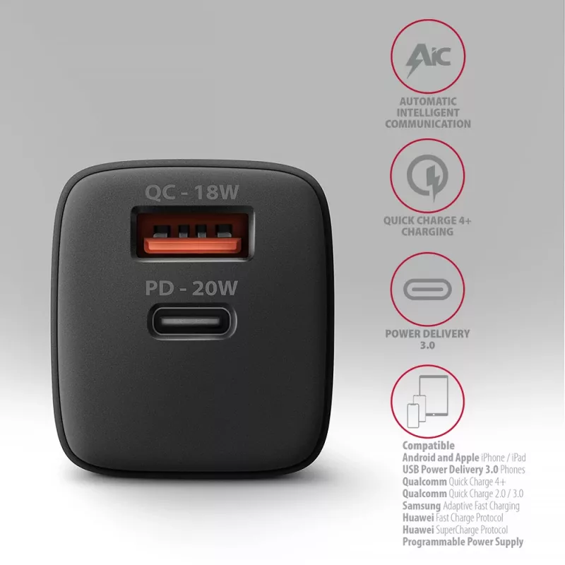 Seinalaadija Axagon ACU-PQ20 QC3.0 PD USB-C 20W Must