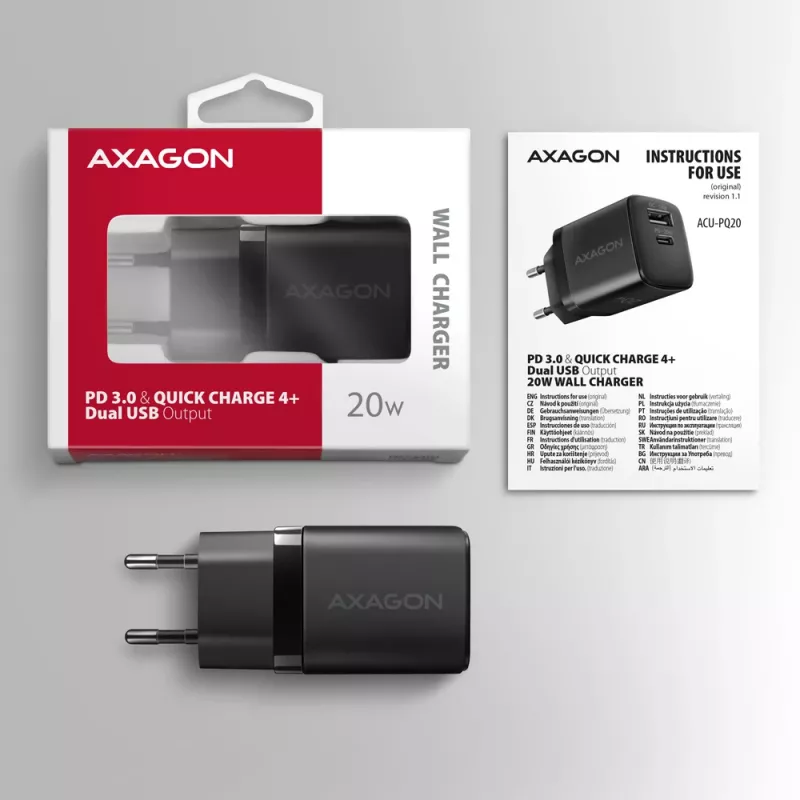 Seinalaadija Axagon ACU-PQ20 QC3.0 PD USB-C 20W Must