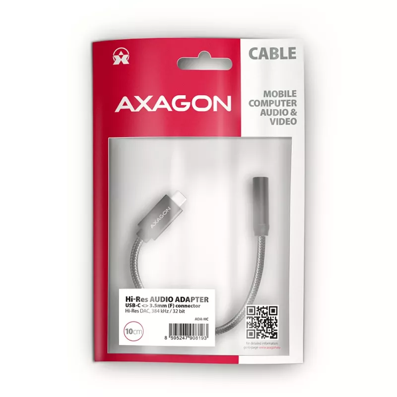 Axagon ADA-HC USB-C 3,5 mm pesa – Hi-Res DAC heliadapter, 384 kHz/32 bit, stereo