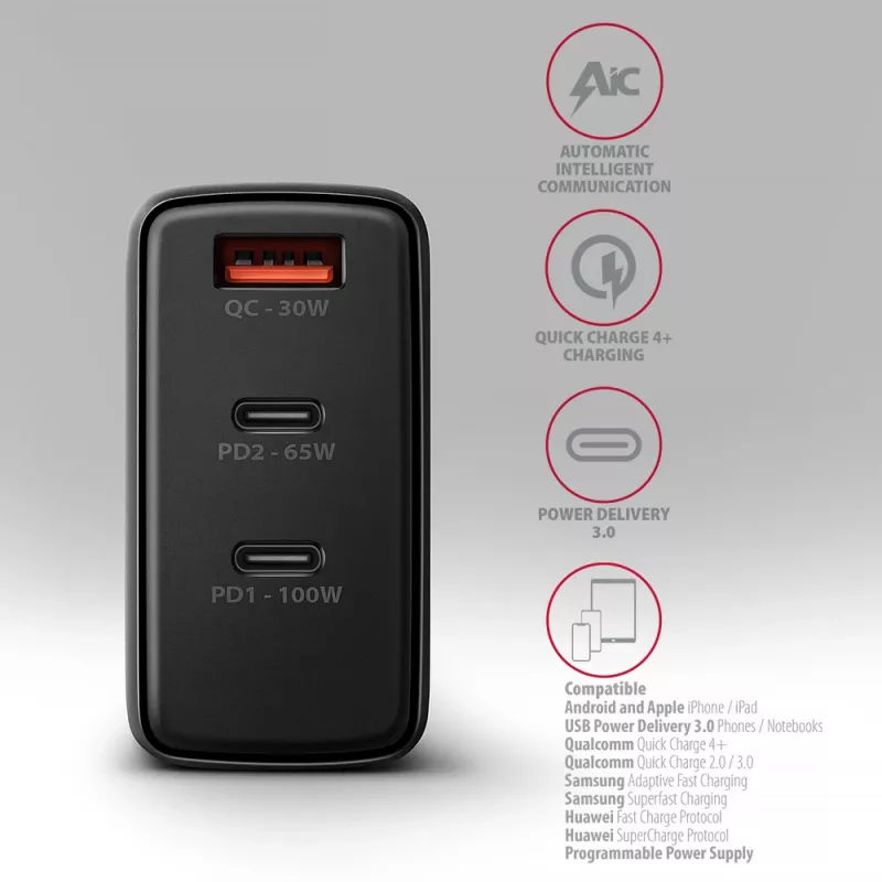 Axagon ACU-DPQ100 PD3.0 & QC 4+ KOLME VÄLJUNDIGA seinaklaadija 100W