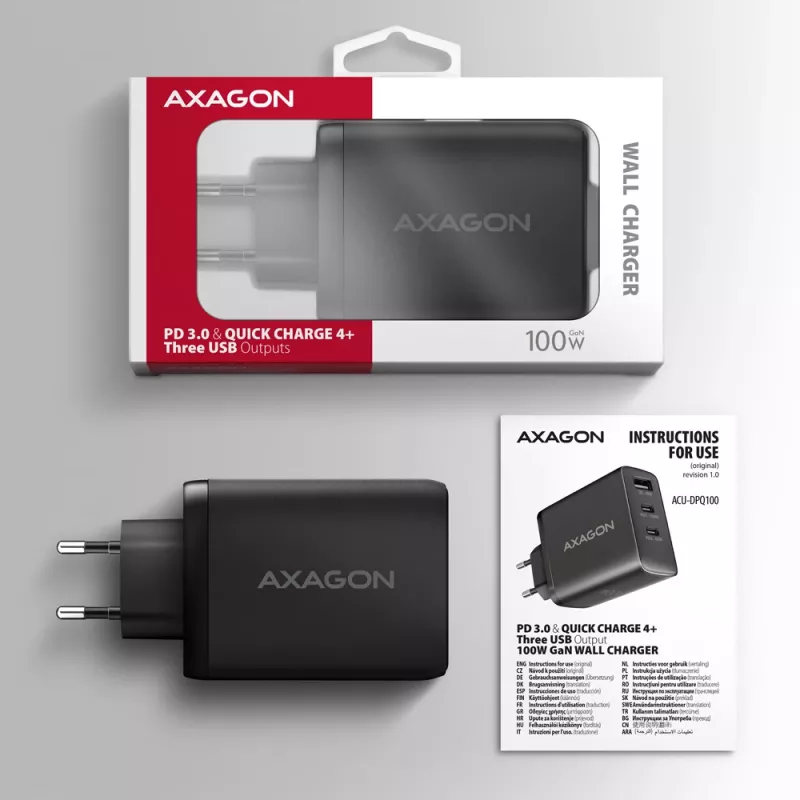Axagon ACU-DPQ100 PD3.0 & QC 4+ KOLME VÄLJUNDIGA seinaklaadija 100W