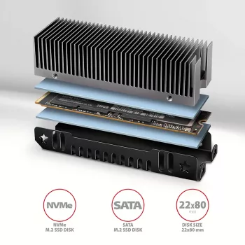 Axagon CLR-M2XT alumiiniumist passiivjahutus ühe- ja kahepoolsetele M.2 SSD-dele suurus 2280, kõrgus 24 mm