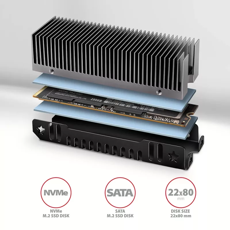 Axagon CLR-M2XT alumiiniumist passiivjahutus ühe- ja kahepoolsetele M.2 SSD-dele suurus 2280, kõrgus 24 mm