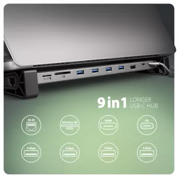 Axagon HMC-10HLS, USB 5Gbps jaotur, 4x USB-A, HDMI 4k/60Hz, RJ-45, SD/microSD, PD 100W