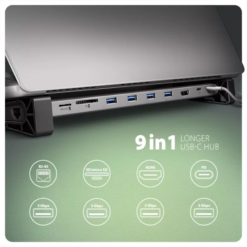 Axagon HMC-10HLS, USB 5Gbps jaotur, 4x USB-A, HDMI 4k/60Hz, RJ-45, SD/microSD, PD 100W
