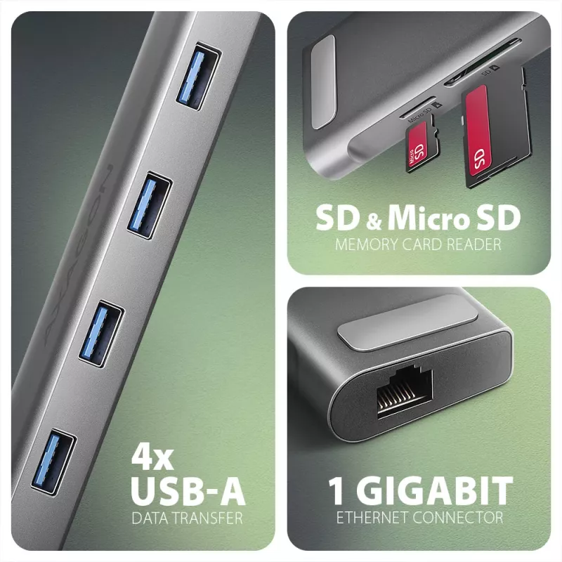 Axagon HMC-10HLS, USB 5Gbps jaotur, 4x USB-A, HDMI 4k/60Hz, RJ-45, SD/microSD, PD 100W