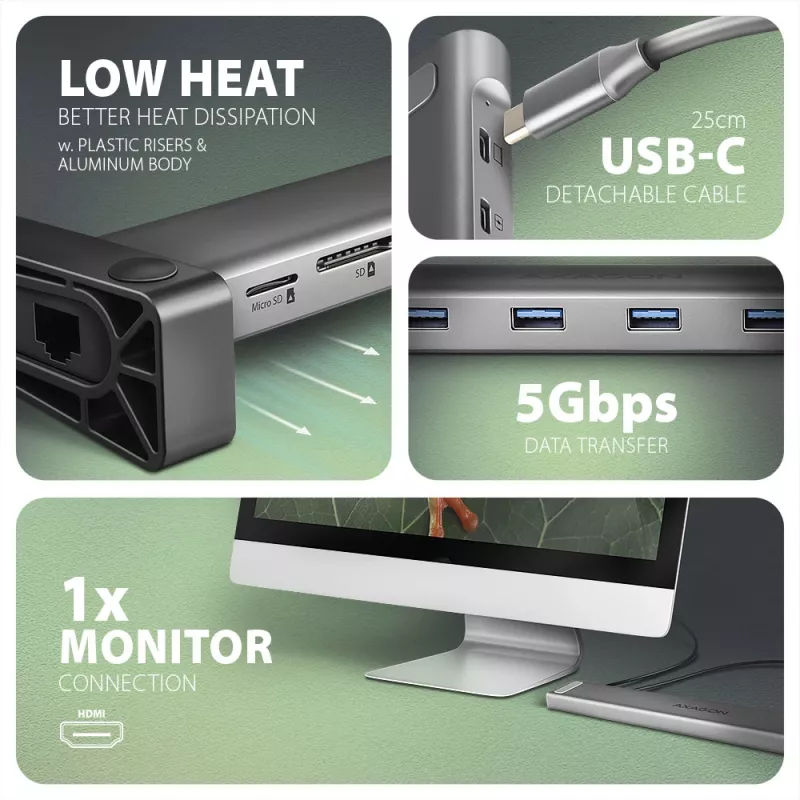 Axagon HMC-10HLS, USB 5Gbps jaotur, 4x USB-A, HDMI 4k/60Hz, RJ-45, SD/microSD, PD 100W