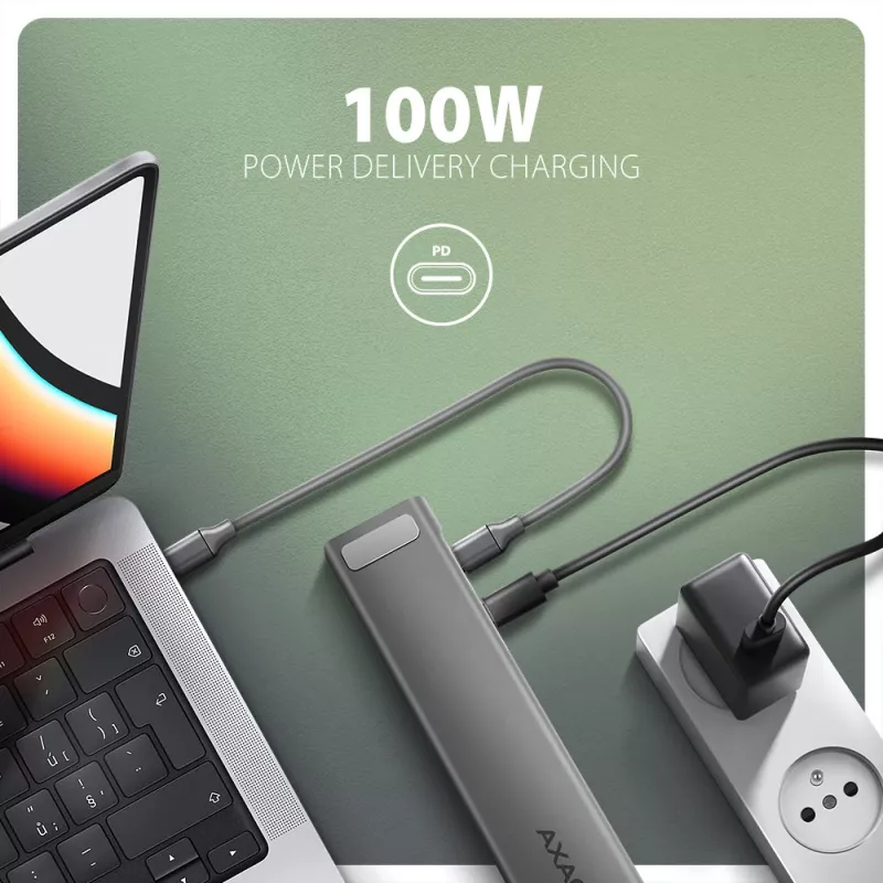 Axagon HMC-10HLS, USB 5Gbps jaotur, 4x USB-A, HDMI 4k/60Hz, RJ-45, SD/microSD, PD 100W