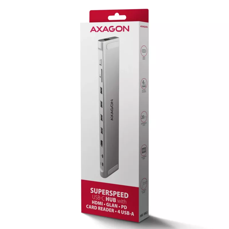 Axagon HMC-10HLS, USB 5Gbps jaotur, 4x USB-A, HDMI 4k/60Hz, RJ-45, SD/microSD, PD 100W