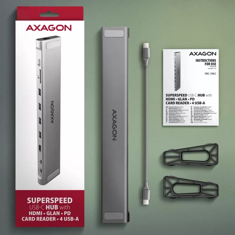 Axagon HMC-10HLS, USB 5Gbps jaotur, 4x USB-A, HDMI 4k/60Hz, RJ-45, SD/microSD, PD 100W