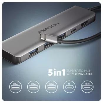 Axagon HMC-5H USB 5 Gbps jaotur, 3x USB-A, HDMI 4k/30Hz, PD 100W, 100 cm USB-C kaabel
