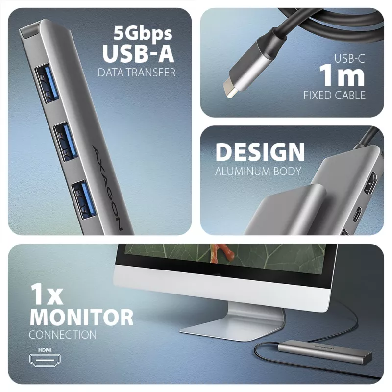 Axagon HMC-5H USB 5 Gbps jaotur, 3x USB-A, HDMI 4k/30Hz, PD 100W, 100 cm USB-C kaabel