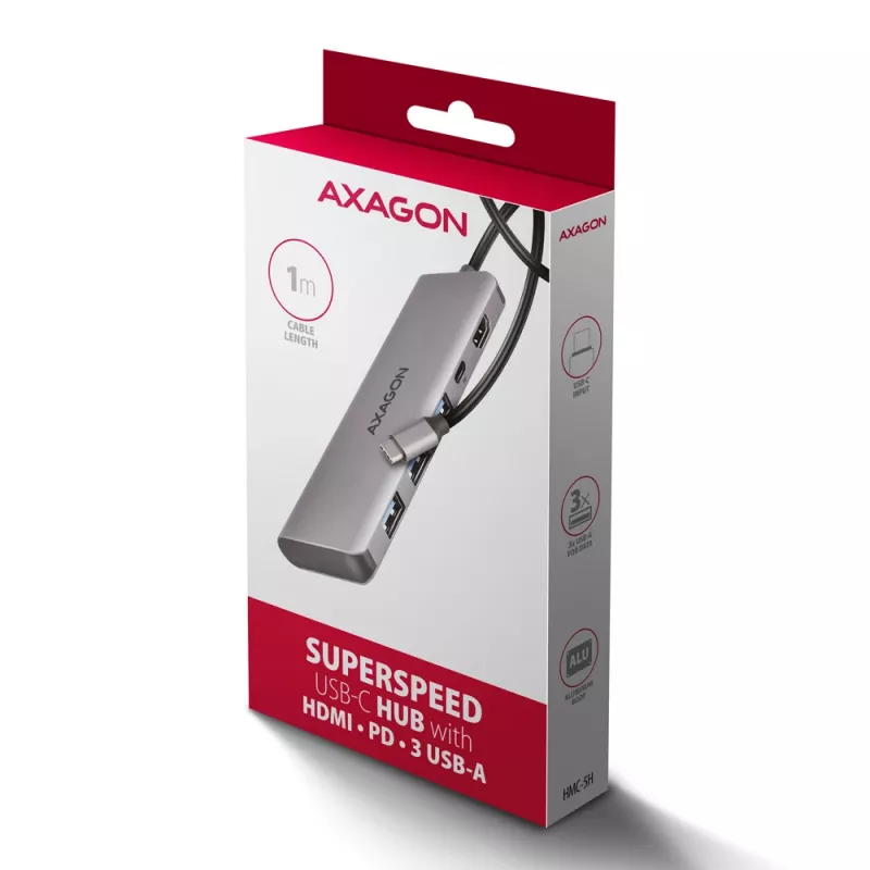 Axagon HMC-5H USB 5 Gbps jaotur, 3x USB-A, HDMI 4k/30Hz, PD 100W, 100 cm USB-C kaabel