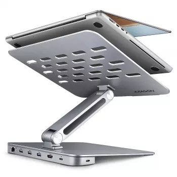 Axagon HMC-STND mitmepordiline USB-C 5Gbps jaotur ja alumiiniumist alus sülearvutitele. HDMI 4k/60Hz, GLAN, PD ja 3 USB-A porti. USB-C kaabel 60 cm.