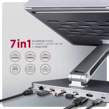 Axagon HMC-STND mitmepordiline USB-C 5Gbps jaotur ja alumiiniumist alus sülearvutitele. HDMI 4k/60Hz, GLAN, PD ja 3 USB-A porti. USB-C kaabel 60 cm.