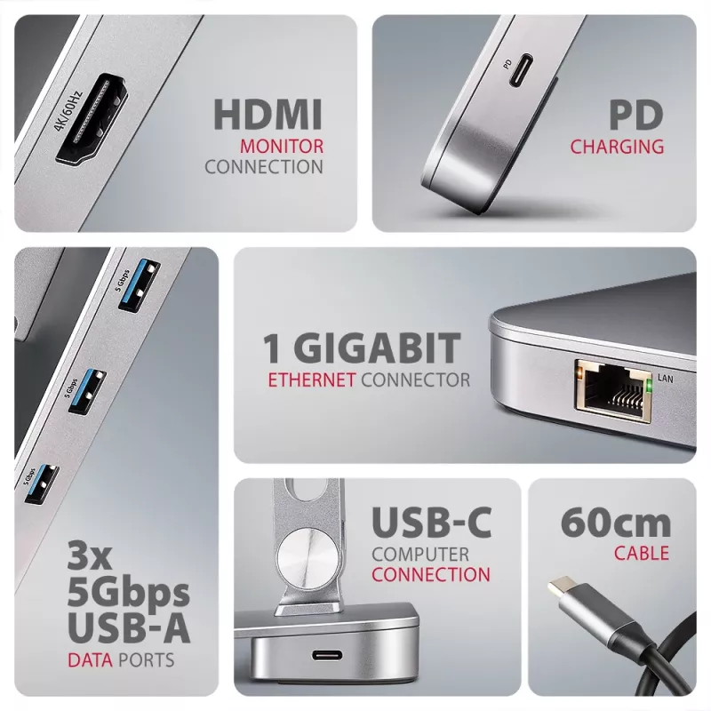 Axagon HMC-STND mitmepordiline USB-C 5Gbps jaotur ja alumiiniumist alus sülearvutitele. HDMI 4k/60Hz, GLAN, PD ja 3 USB-A porti. USB-C kaabel 60 cm.