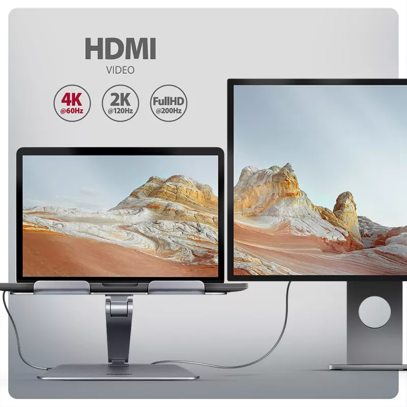 Axagon HMC-STND mitmepordiline USB-C 5Gbps jaotur ja alumiiniumist alus sülearvutitele. HDMI 4k/60Hz, GLAN, PD ja 3 USB-A porti. USB-C kaabel 60 cm.