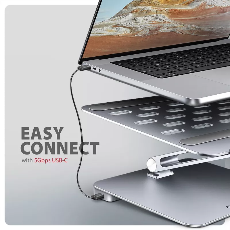 Axagon HMC-STND mitmepordiline USB-C 5Gbps jaotur ja alumiiniumist alus sülearvutitele. HDMI 4k/60Hz, GLAN, PD ja 3 USB-A porti. USB-C kaabel 60 cm.