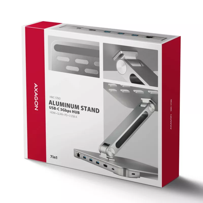 Axagon HMC-STND mitmepordiline USB-C 5Gbps jaotur ja alumiiniumist alus sülearvutitele. HDMI 4k/60Hz, GLAN, PD ja 3 USB-A porti. USB-C kaabel 60 cm.