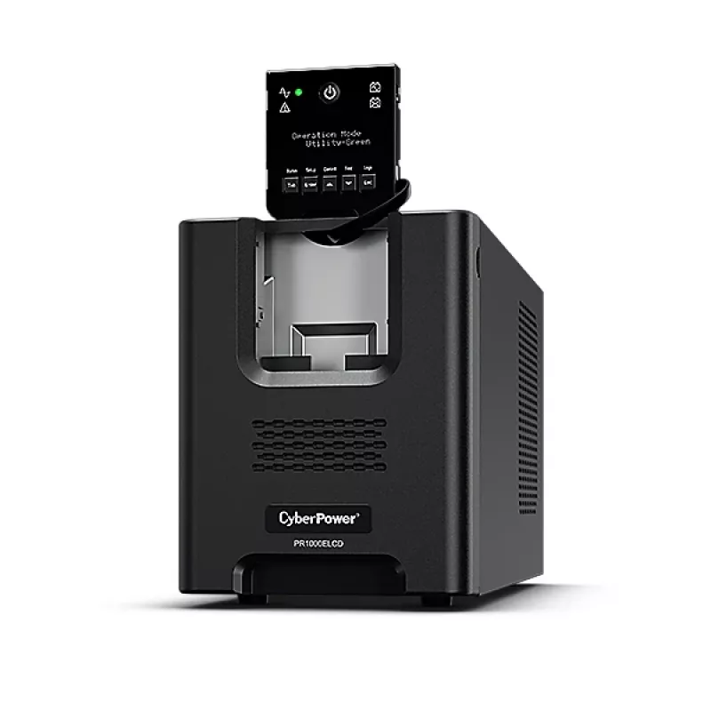 Katkematu toiteallikas CYBERPOWER PR1000ELCD — 1 kVA (900 W), liin-interaktiivne, puhas siinus, 8× C13 pistikupesa, LCD, vahetatav aku