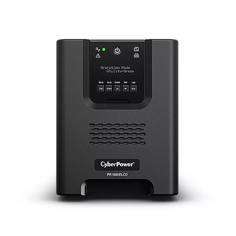 Katkematu toiteallikas CYBERPOWER PR1000ELCD — 1 kVA (900 W), liin-interaktiivne, puhas siinus, 8× C13 pistikupesa, LCD, vahetatav aku