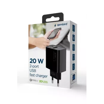 GEMBIRD USB kiirlaadija - Type A & C 2-pordiline 20W - Must