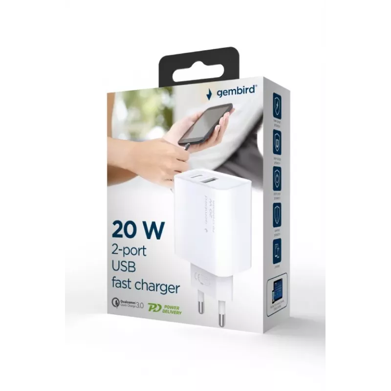 GEMBIRD USB kiirlaadija – 2 pordiga Type A ja C, 20 W – Valge