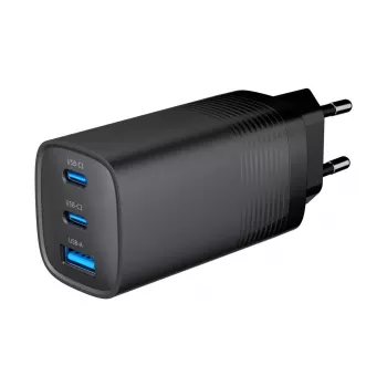 GEMBIRD USB kiirlaadija - Tüüp A ja C 3-pordiline 65W, QC 3.0 ja PowerDelivery, GaN - Must