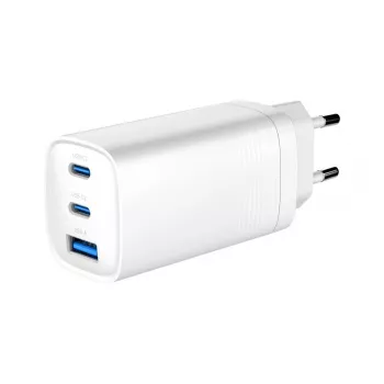 GEMBIRD USB kiirlaadija - tüüp A & C 3-pordiline 65W, QC 3.0 ja PowerDelivery, GaN - valge