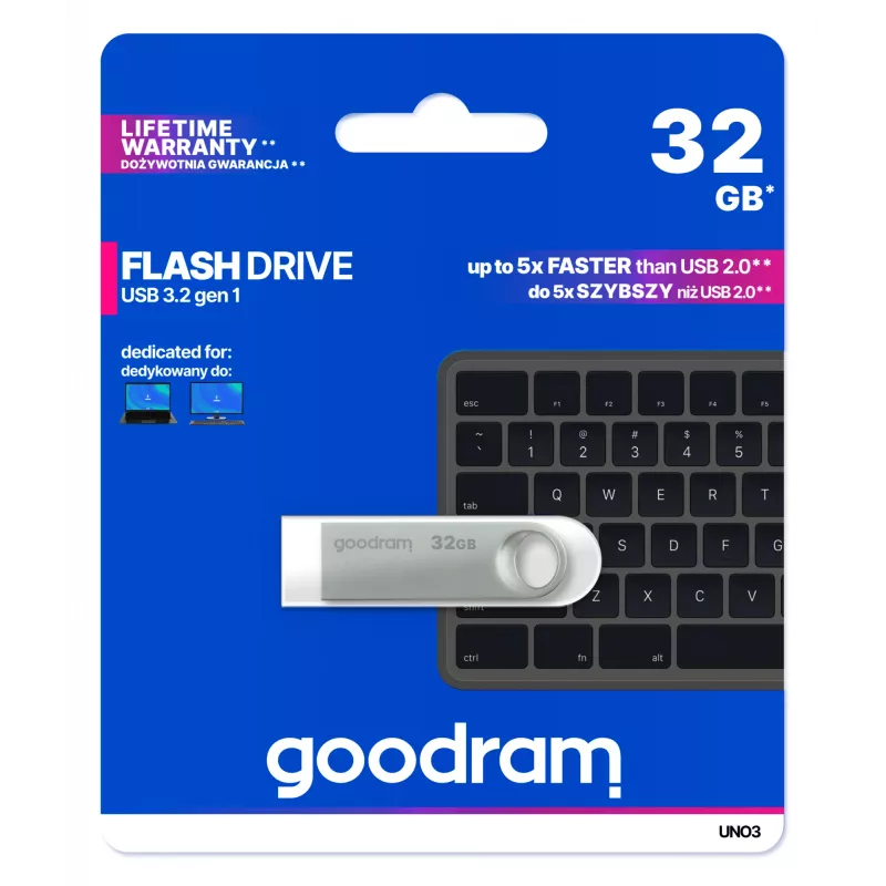 USB-mälupulk GOODRAM UNO3-0320S0R11 32 GB, USB Type-A, USB 3.2 Gen 1, metallist, ilma korgita, hõbedane