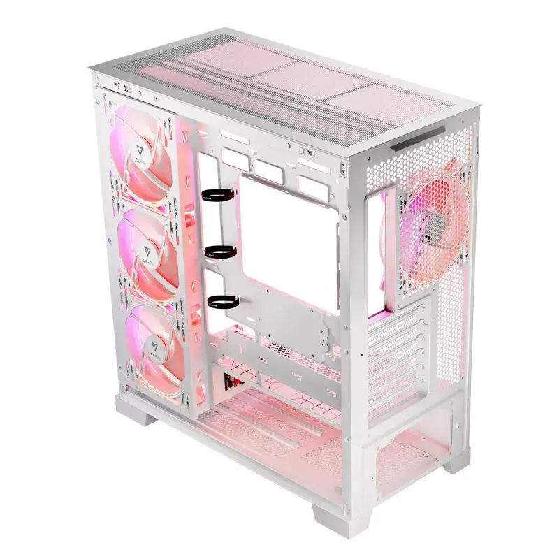 PC-korpus MODECOM Volcano SPACE APEX ARGB MIDI Tower Valge — teras, külgaken, ARGB ventilaatorid, USB-C